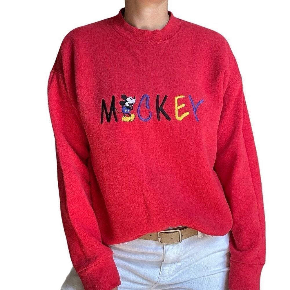 Vintage Disney Mickey Red Rainbow Embroidered Sweatshirt Size Medium Pullover